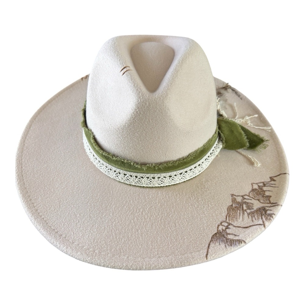 Custom Cowboy Hat Men's MED Beige Felt Wood Burned Mountain Velvet Trim Feathers